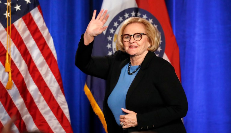 FILE - In this Nov. 6, 2018, file photo, Sen. Claire McCaskill, D-Mo., steps on stage to deliver a concession speech in St. Louis. McCaskill of Missouri says she will not run for office again after losing last month to Republican Attorney General Josh Hawley in her bid for a third Senate term. But McCaskill told the St. Louis Post-Dispatch that she will remain active in politics, perhaps mentoring other Democrats.