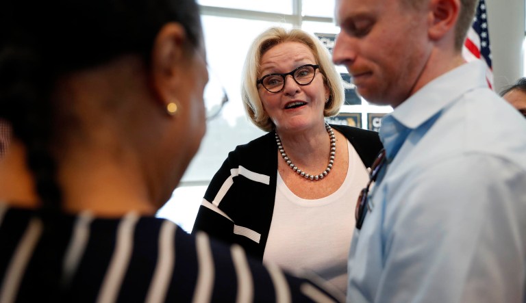 Sen. Claire McCaskill, D-Mo., speaks to students and supporters at the University of Missouri - St. Louis Tuesday, Sept. 11, 2018, in St. Louis. McCaskill is running for re-election.