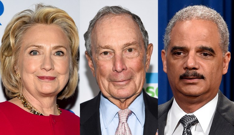 Pictured are Hillary Clinton, left, Michael Bloomberg, center, and Eric Holder, right.
