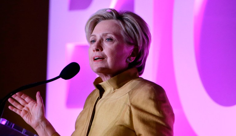 Former Secretary of State Hillary Clinton speaks during a fundraising event for Big Sister Association of Greater Boston, Tuesday, Dec. 5, 2017, in Boston. Clinton was presented with the organization's Believe in Girls award during the event.