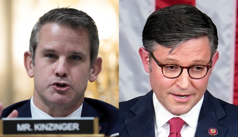 Former Rep. Adam Kinzinger (R-IL), left, and House Speaker Mike Johnson (R-LA), right.