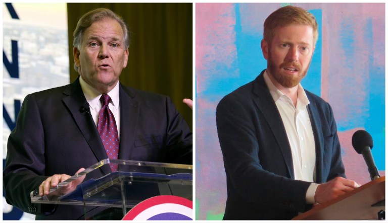 Former Michigan Reps. Mike Rogers (left) and Peter Meijer (right). Rogers is running for Michigan Senate in 2024 and Meijer is expected to launch his campaign this week.