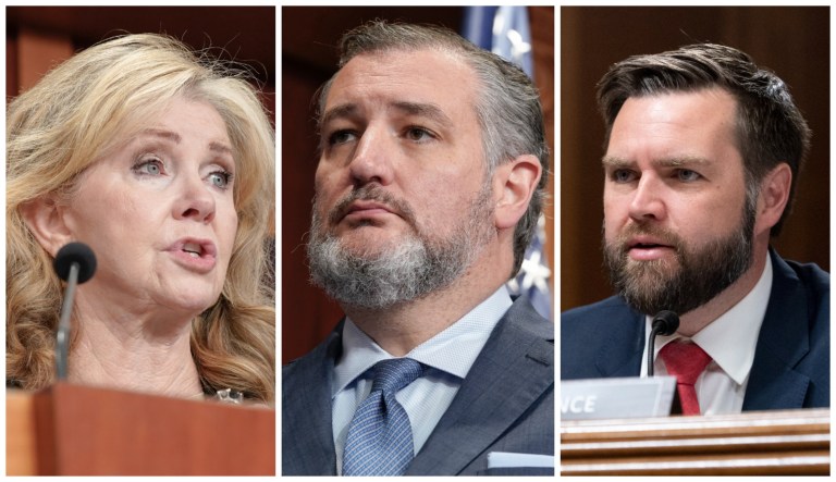 Sens. Marsha Blackburn (R-TN), Ted Cruz (R-TX), and J.D. Vance (R-OH) are among the nine Senate Republicans who voted against the continuing resolution on Sept. 30, 2023.