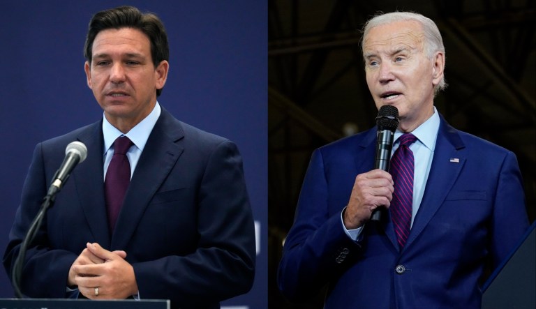 Florida Gov. Ron DeSantis, left, and President Joe Biden, right.