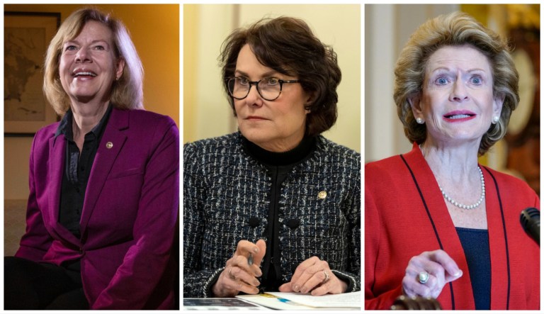 From left to right: Sens. Tammy Baldwin (D-WI), Jacky Rosen (D-NV), and Debbie Stabenow (D-MI). Republicans are eyeing Nevada, Wisconsin, and Michigan as crucial battleground states in 2024. Baldwin and Rosen are running for reelection and Stabenow is retiring after this year.