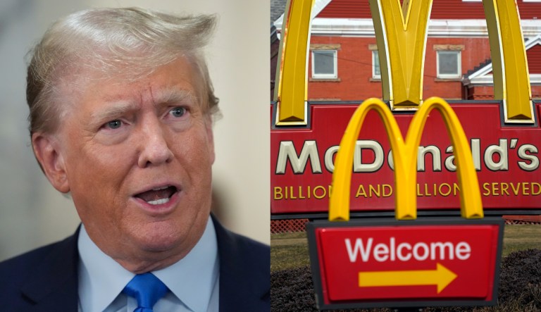 Former President Donald Trump, left, and the McDonald's restaurant logo, right.