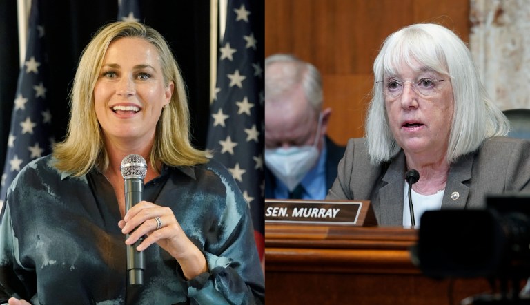 Tiffany Smile speaking on Aug. 2, 2022, at a Republican Party event , left, and Sen. Patty Murray, D-Wash, speaking before the Committee on Appropriations.