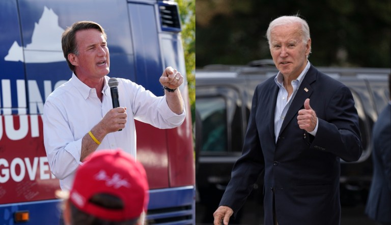 Virginia Gov. Glenn Youngkin (R), left, and President Joe Biden, right.