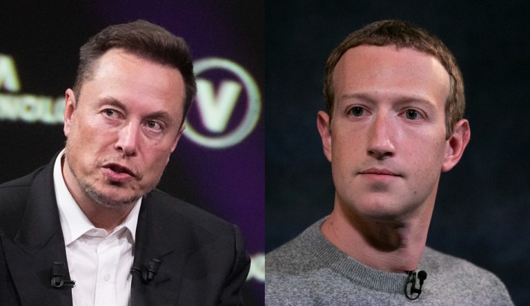 Tesla and X owner Elon Musk, left, and Meta CEO Mark Zuckerberg, right. Musk has stated that the fight between him and Zuckerberg will be live-streamed on X, formerly known as Twitter.