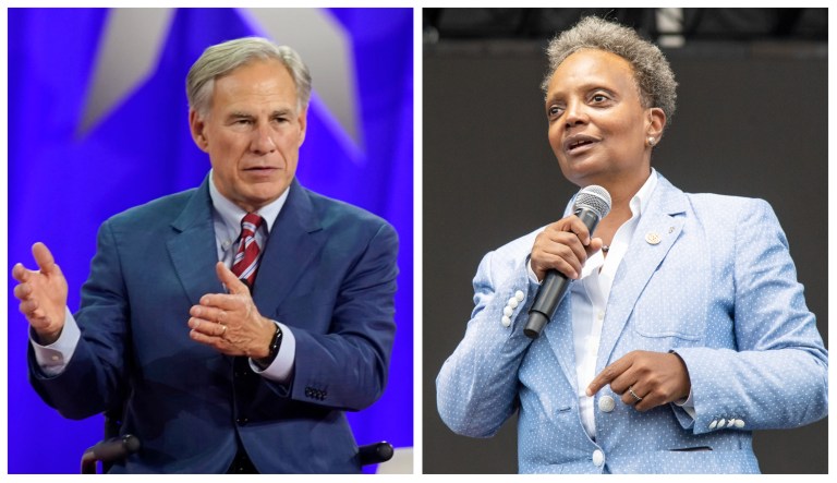 Texas Gov. Greg Abbott (left) and Chicago Mayor Lori Lightfoot (right) are seen.