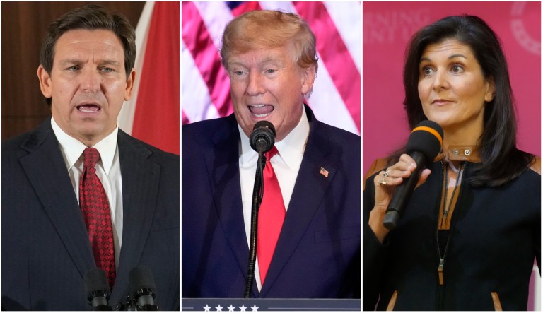 Gov. Ron DeSantis (R-FL), former President Donald Trump, and former U.N. Ambassador and Gov. Nikki Haley (R-SC)