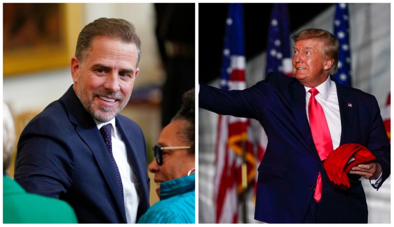 Hunter Biden (left) at the White House July 7, 2022 ; former President Donald Trump at a rally in Waukesha, Wisconsin August 5, 2022.