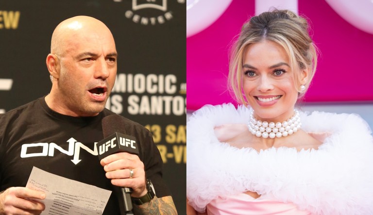 Joe Rogan, host of The Joe Rogan Experience, left, and Margot Robbie, the lead actress of Barbie, right.