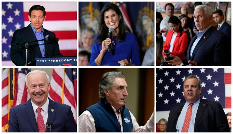 These six 2024 GOP presidential candidates are currently serving or previously served as governors of their respective states. From top left to bottom right: Ron DeSantis (FL), Nikki Haley (SC), Asa Hutchinson (AK), Chris Christie (NJ), Doug Burgum (ND), and Mike Pence (IN). 