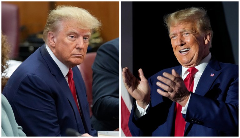 Former President Donald Trump sits at the defense table with his legal team in a Manhattan court on April 4, 2023 and former President Donald Trump speaks at a campaign rally on Aug. 8, 2023 at Windham High School in Windham, New Hampshire.