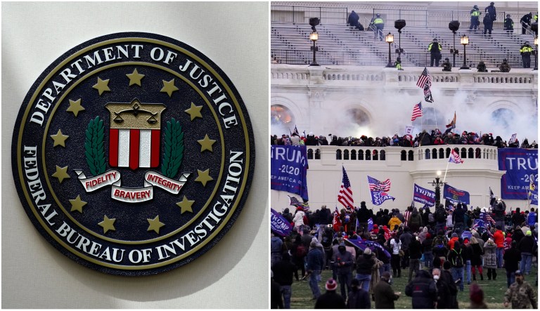 The FBI logo and the Captiol riot on Jan. 6, 2021 in Washington, D.C.
