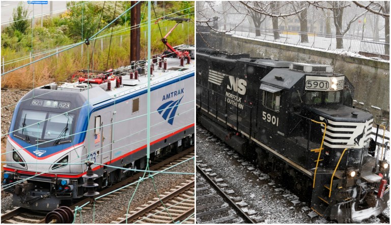An Amtrak train departs 30th Street Station in Philadelphia on Oct. 27, 2021 and a Norfolk Southern freight train passes through the Northside of Pittsburgh as show begins to fall.