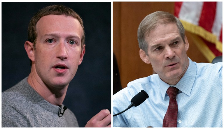 Mark Zuckerberg (left) and Rep. Jim Jordan (R-OH) (right)