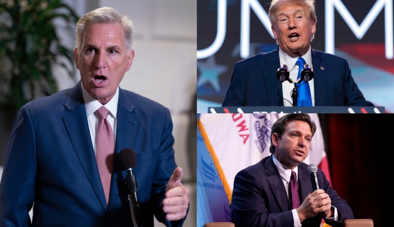 House Speaker Kevin McCarthy (R-CA), left, former President Donald Trump, top right, and Florida Gov. Ron DeSantis, bottom right.