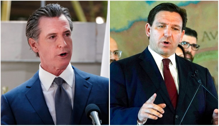 Newsom/DeSantis diptych (AP Photo)