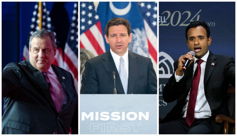 Left to right: Former New Jersey Gov. Chris Christie, Gov. Ron DeSantis, and Vivek Ramaswamy. All three are 2024 GOP presidential candidates.