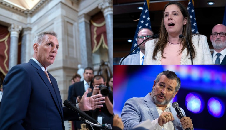 House Speaker Kevin McCarthy (R-CA), left, Rep. Elise Stefanik (R-NY), top right, and Sen. Ted Cruz (R-TX), bottom right.