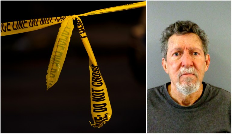A diptych of police tape and Alan Lee Phillips, who was convicted in 2022 of murdering two women in 1982.