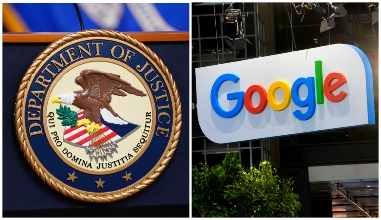 The Department of Justice seal and Google logo.