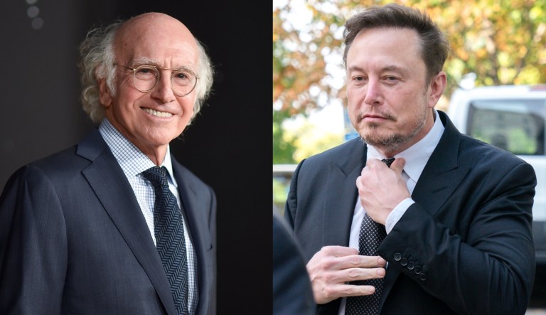 Comedian Larry David, left, and billionaire entrepreneur Elon Musk, right.