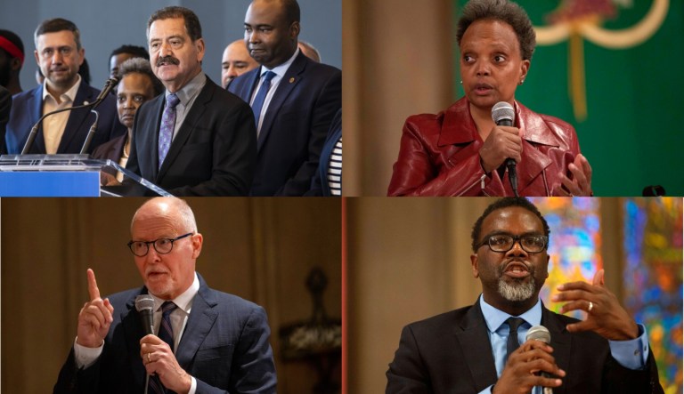 Chicago mayoral candidates 2023. Rep. JesÃºs Garcia (top left), Mayor Lori Lightfoot (top right), Paul Vallas (bottom left), Brandon Johnson (bottom right).