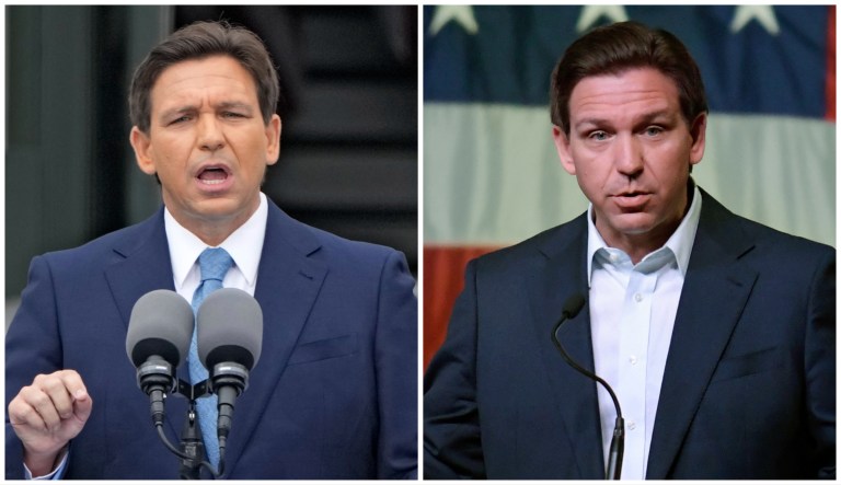 Gov. Ron DeSantis (R-FL) at his inauguration for his second term outside the Old Capitol on Jan. 3, 2023, in Tallahassee, Florida, and DeSantis speaking in Davenport, Iowa on March 10, 2023.