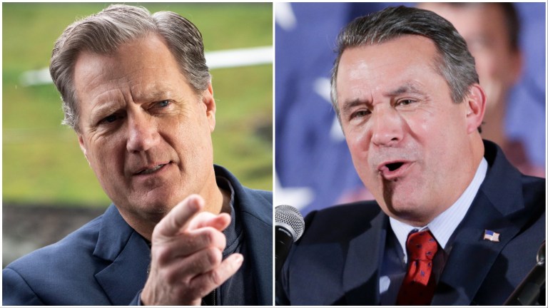 Chairman of the House Permanent Select Committee on Intelligence, Rep. Mike Turner, R-Ohio speaks during his visit to an exhibition on consequences of the Russian Ukraine War in Kyiv, Ukraine, Monday, April 3, 2023. (AP Photo/Efrem Lukatsky). Rep. Don Bacon, R-Neb., addresses supporters in Omaha, Neb., Tuesday, Nov. 6, 2018. (AP Photo/Nati Harnik).