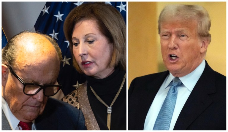 Rudy Giuliani standing next to Sidney Powell during a post-2020 election press conference; Donald Trump standing during a lunch break of his civil business fraud trial at the New York Supreme Court.