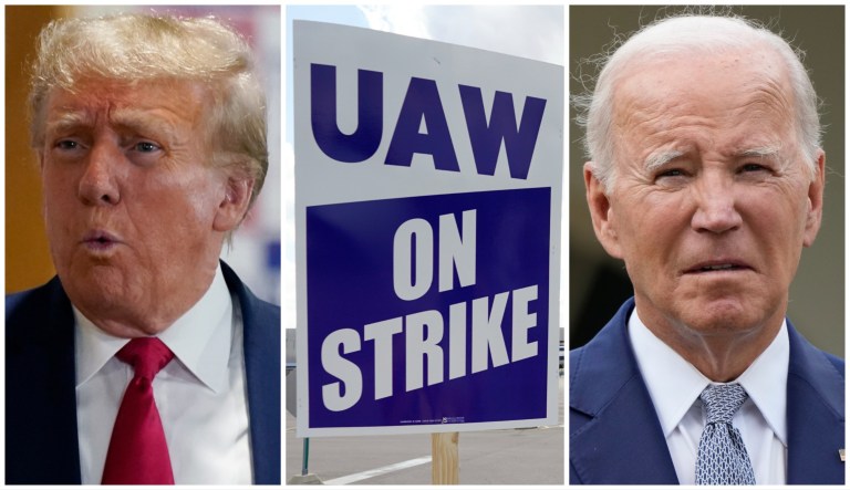 Former President Donald Trump, a UAW strike sign, and President Joe Biden.