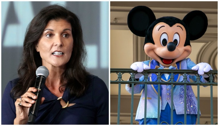 Former Gov. Nikki Haley (R-SC) on April 6, 2023, in Gilbert, South Carolina and Mickey Mouse at Magic Kingdom Park at Walt Disney World Resort in Lake Buena Vista, Florida on April 22, 2022.