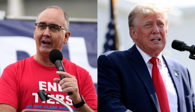 United Auto Workers President Shawn Fain, left, and former President Donald Trump, right.