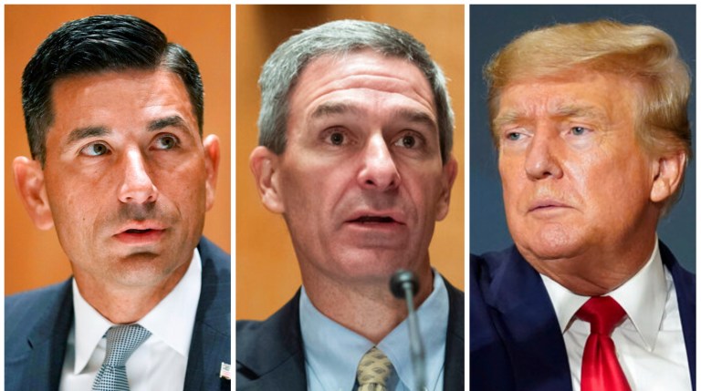 Chad Wolf, Ken Cuccinelli, Donald Trump.