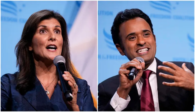 At left, former South Carolina Gov. Nikki Haley, and at right, entrepreneur Vivek Ramaswamy.