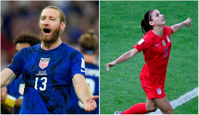 Tim Ream of the U.S. Men's national soccer team at the 2022 FIFA World Cup in Qatar and Alex Morgan of the U.S. Women's national soccer team at the 2019 FIFA World Cup in France.