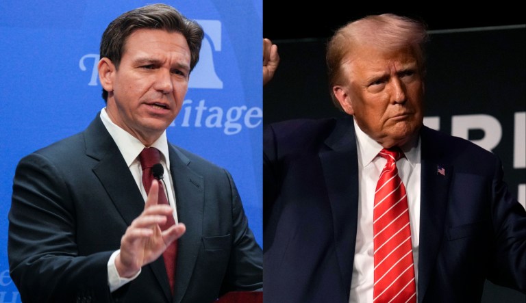 Florida Gov. Ron DeSantis, left, and former President Donald Trump, right.