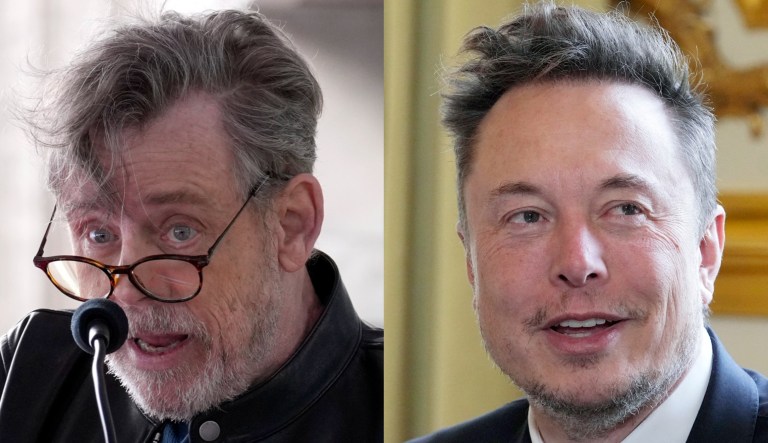 Actor Mark Hamill, left, and Twitter owner Elon Musk, right.