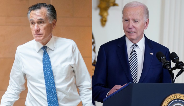 Sen. Mitt Romney (R-UT), left, and President Joe Biden, right.