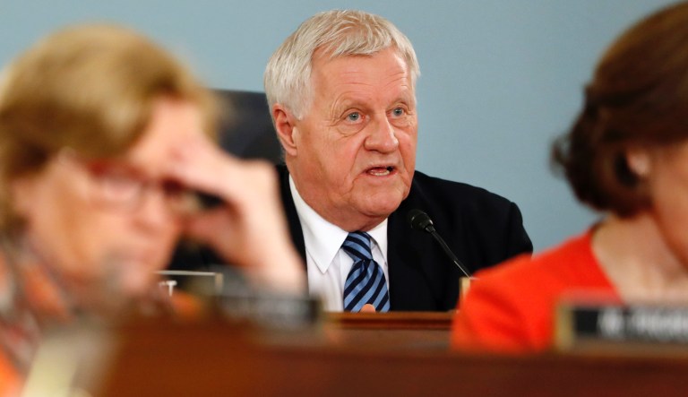 House Agriculture Committee Chairman Rep. Collin Peterson, D-Minn., ask a question of Agriculture Secretary Sonny Perdue during a committee hearing on the rural economy, Wednesday, Feb. 27, 2019, on Capitol Hill in Washington.                                                       