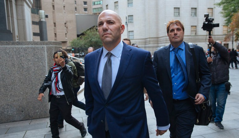 David Correia, center, leaves federal court, Thursday, Oct. 17, 2019, in New York. Correia and Andrey Kukushkin pleaded not guilty Thursday to conspiring with associates of Rudy Giuliani to make illegal campaign contributions.