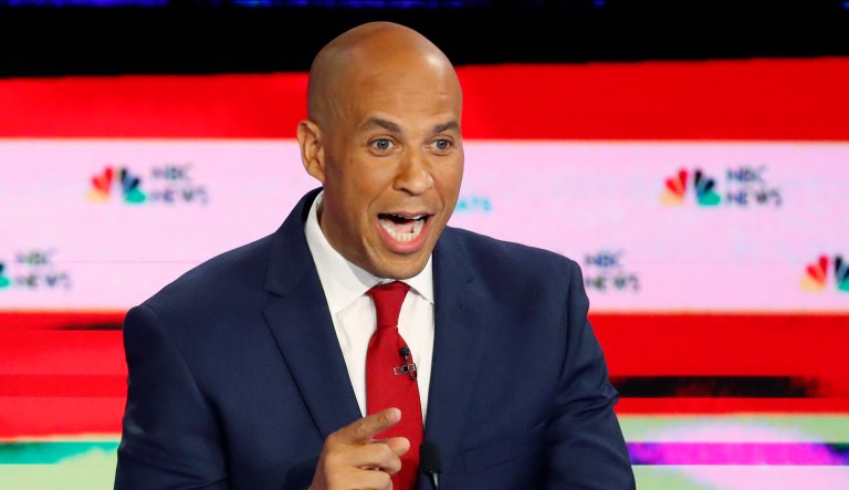 In this June 26, 2019 photo, Democratic presidential candidate Sen. Cory Booker, D-N.J., speaks during a Democratic primary debate hosted by NBC News at the Adrienne Arsht Center for the Performing Art, in Miami.