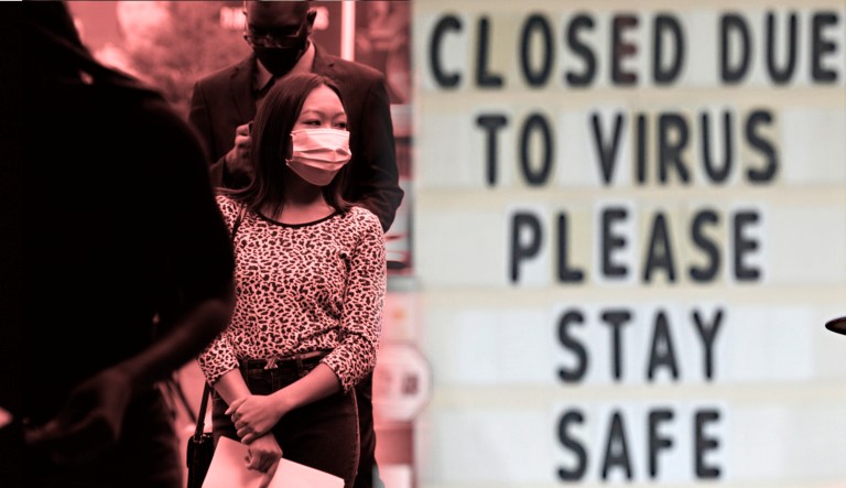 On the left are people waiting in line at an unemployment resource center. The sign on the right reads, "Closed due to virus, please stay safe."