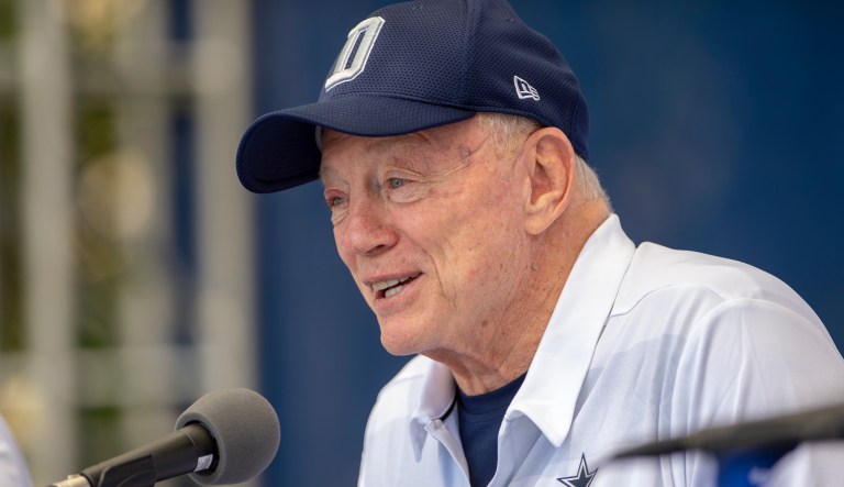 Dallas Cowboys owner Jerry Jones takes questions from the press during the "State of the Team" press conference on July 25, 2018, in Oxnard, Calif.