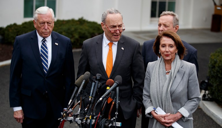 Senate Minority Leader Sen. Chuck Schumer of N.Y., talks with reporters after a meeting with President Donald Trump on border security in the Situation Room of the White House, Wednesday, Jan. 9, 2019, in Washington. From left, House Majority Leader Steny Hoyer of Md., Senate Minority Whip Dick Durbin of Ill., and Speaker of the House Nancy Pelosi of Calif.