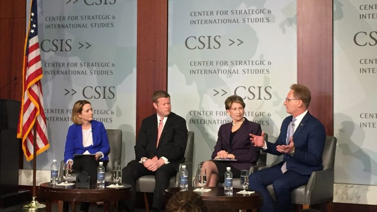 Navy Sec. Thomas Modly speaks alongside Air Force Sec. Barbara Barrett and Army Sec. Ryan McCarthy as part of a conversation at the Center for Strategic and International Studies February 21, 2020.