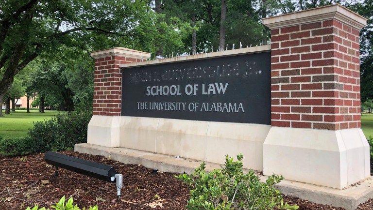University of Alabama School of Law sign is seen after employees removed the name of donor Hugh F. Culverhouse Jr. in Tuscaloosa, Ala., Friday, June 7, 2019. The University of Alabama board of trustees voted Friday to give back a $26.5 million donation to a philanthropist Hugh F. Culverhouse Jr., who recently called on students to boycott the school over the state's new abortion ban. 